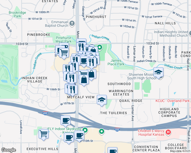 map of restaurants, bars, coffee shops, grocery stores, and more near 10500 Barkley in Overland Park