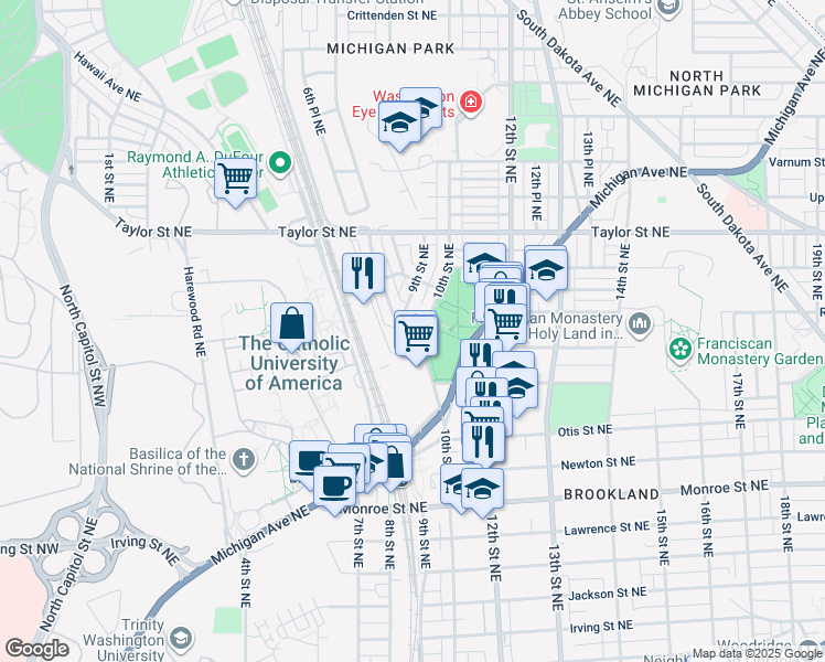 map of restaurants, bars, coffee shops, grocery stores, and more near 913 Quincy Street Northeast in Washington