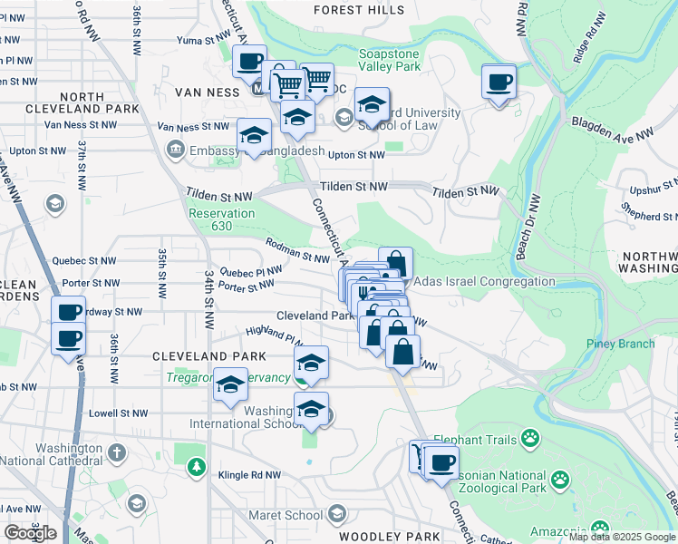 map of restaurants, bars, coffee shops, grocery stores, and more near 3624 Connecticut Avenue Northwest in Washington