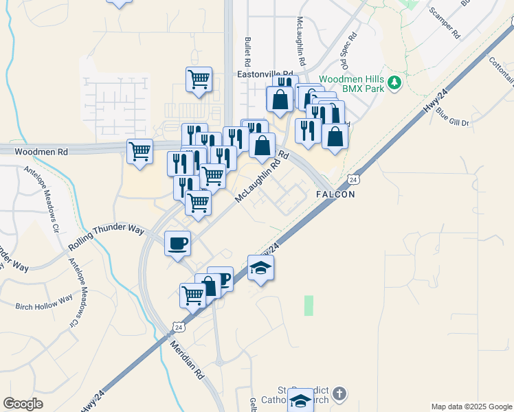 map of restaurants, bars, coffee shops, grocery stores, and more near 7358 Maybeck View in Peyton