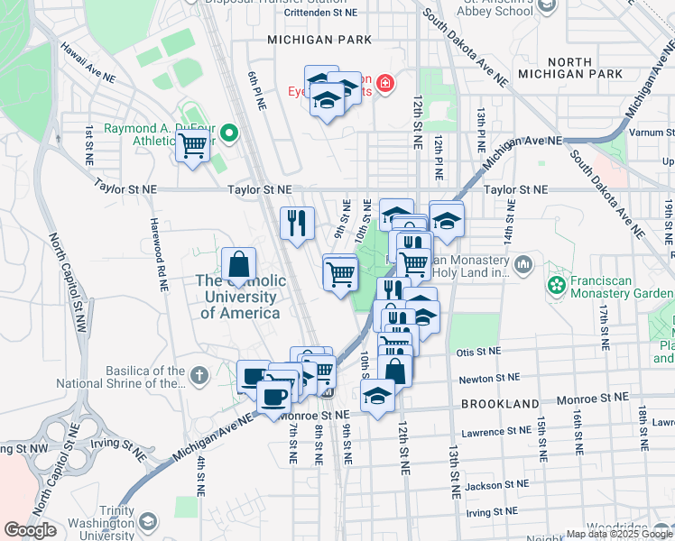 map of restaurants, bars, coffee shops, grocery stores, and more near 913 Quincy Street Northeast in Washington