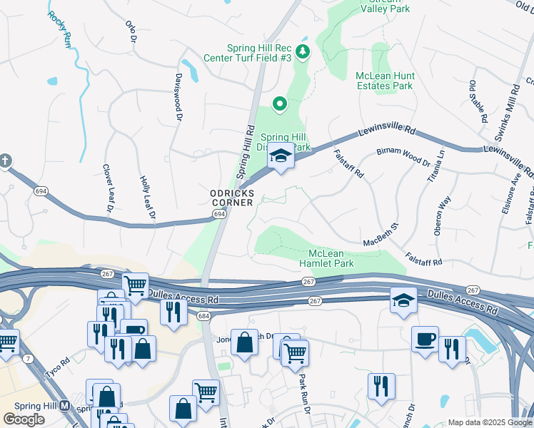 map of restaurants, bars, coffee shops, grocery stores, and more near 8210 Dunsinane Court in McLean