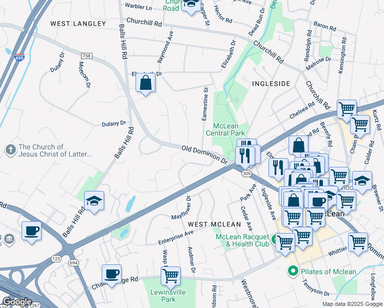 map of restaurants, bars, coffee shops, grocery stores, and more near 7029 Old Dominion Drive in McLean