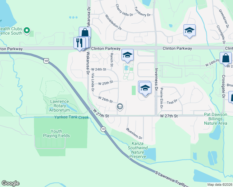 map of restaurants, bars, coffee shops, grocery stores, and more near 4708 McCormick Street in Lawrence
