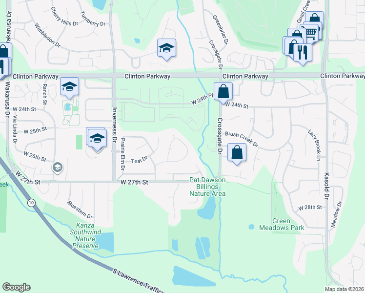 map of restaurants, bars, coffee shops, grocery stores, and more near 4133 Blackjack Oak Drive in Lawrence