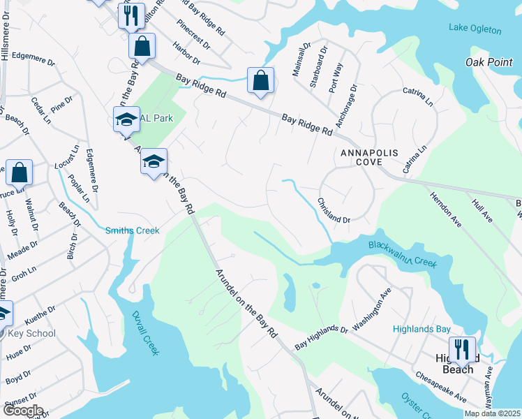 map of restaurants, bars, coffee shops, grocery stores, and more near 3203 Blackwalnut Drive in Annapolis