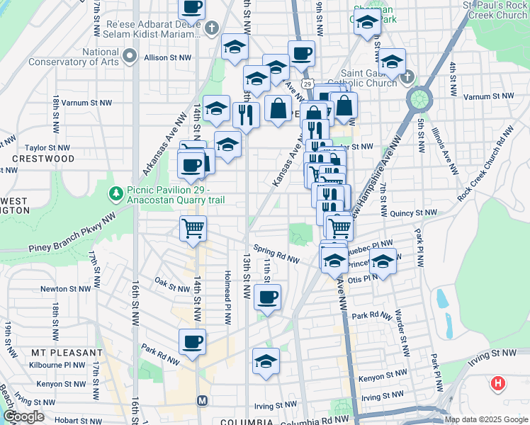 map of restaurants, bars, coffee shops, grocery stores, and more near 3801 Kansas Avenue Northwest in Washington