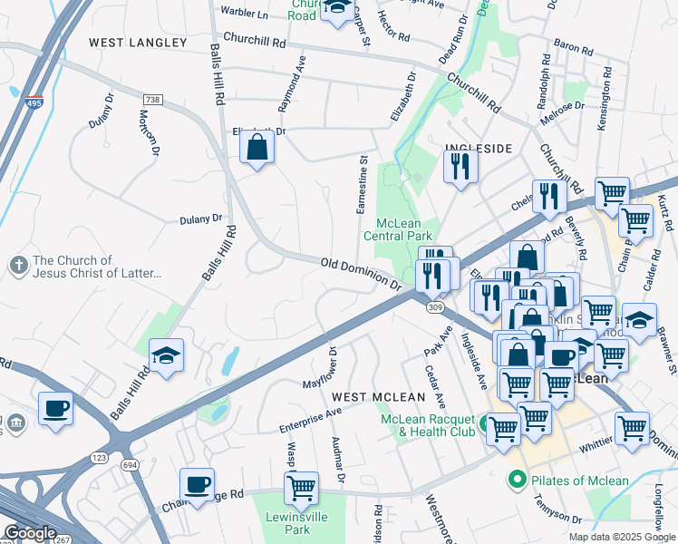 map of restaurants, bars, coffee shops, grocery stores, and more near 7029 Old Dominion Drive in McLean