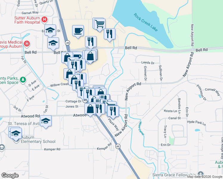 map of restaurants, bars, coffee shops, grocery stores, and more near 12315 Reba Road in Auburn