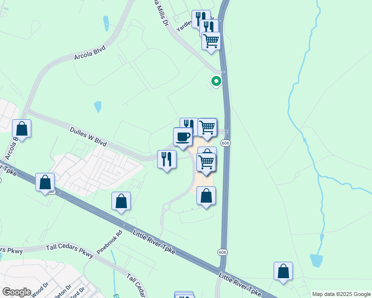 map of restaurants, bars, coffee shops, grocery stores, and more near 20176 Dulles Landing Drive in Sterling