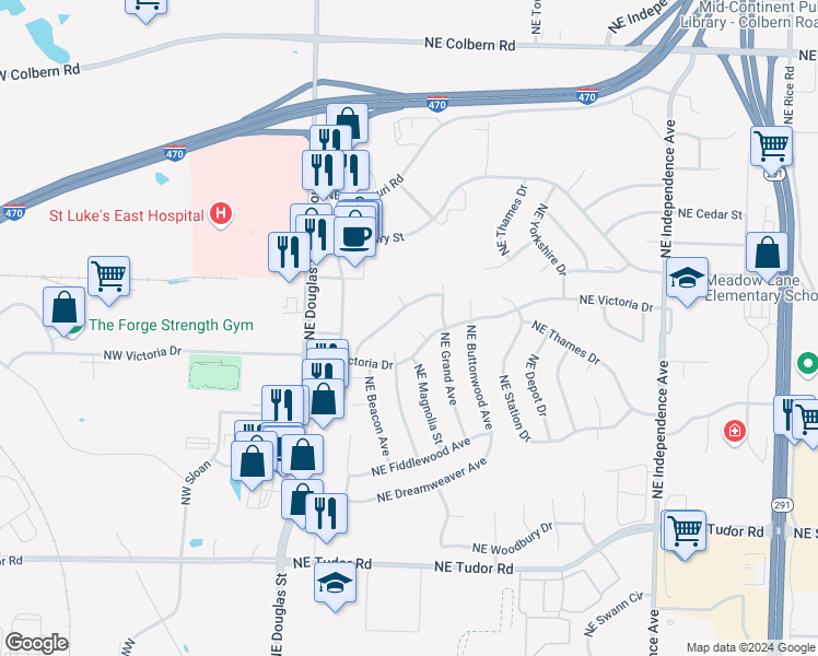 map of restaurants, bars, coffee shops, grocery stores, and more near 232 Northeast Victoria Place in Lee's Summit