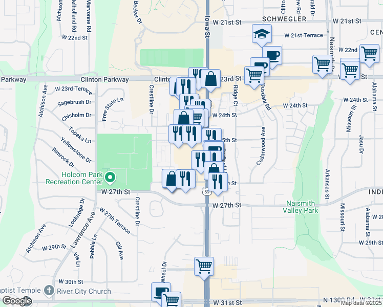 map of restaurants, bars, coffee shops, grocery stores, and more near 2525 Iowa Street in Lawrence