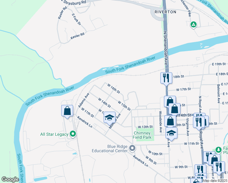 map of restaurants, bars, coffee shops, grocery stores, and more near 752 West 16th Street in Front Royal