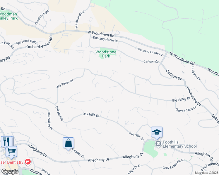 map of restaurants, bars, coffee shops, grocery stores, and more near 1225 Big Valley Drive in Colorado Springs