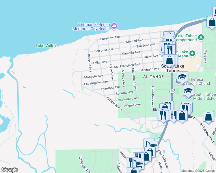 map of restaurants, bars, coffee shops, grocery stores, and more near 773 Los Angeles Avenue in South Lake Tahoe