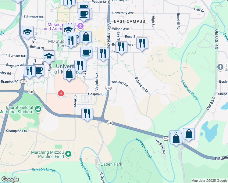 map of restaurants, bars, coffee shops, grocery stores, and more near 901 Ashland Road in Columbia
