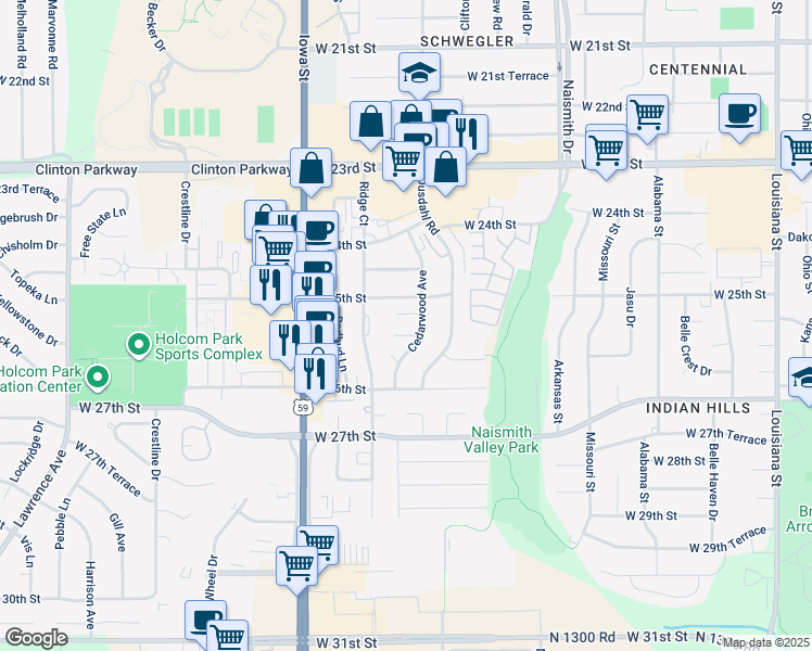 map of restaurants, bars, coffee shops, grocery stores, and more near 1703 West 25th Street in Lawrence