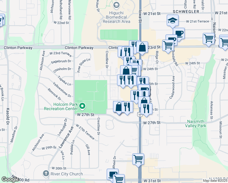 map of restaurants, bars, coffee shops, grocery stores, and more near in Lawrence