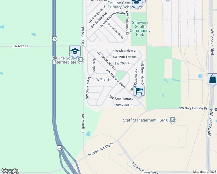 map of restaurants, bars, coffee shops, grocery stores, and more near 1907 Southwest 71st Street in Topeka