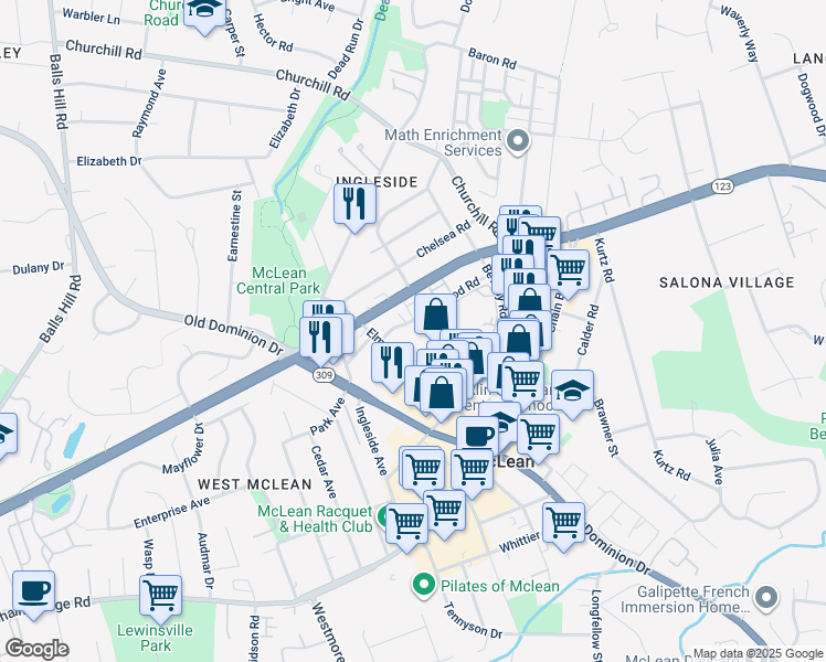 map of restaurants, bars, coffee shops, grocery stores, and more near 6900 Fleetwood Road in McLean