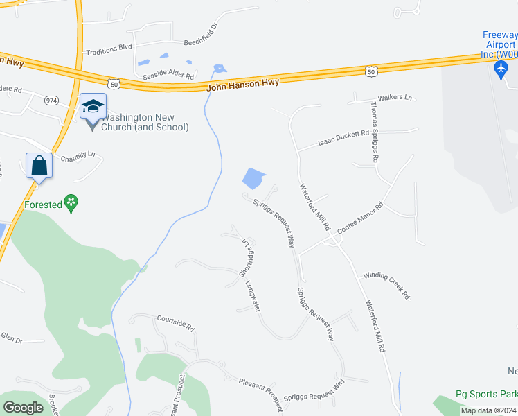 map of restaurants, bars, coffee shops, grocery stores, and more near 3240 Spriggs Request Way in Bowie