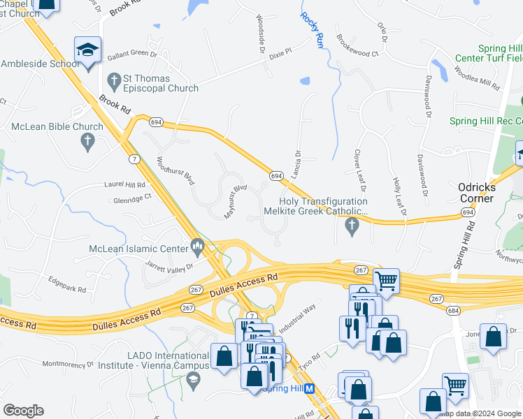 map of restaurants, bars, coffee shops, grocery stores, and more near Mayhurst Boulevard in McLean