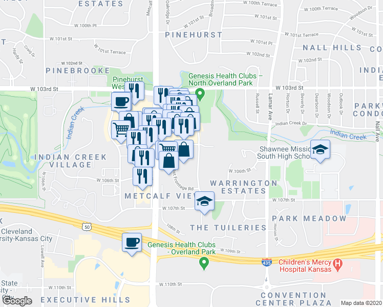 map of restaurants, bars, coffee shops, grocery stores, and more near 6860 W 105th St in Overland Park