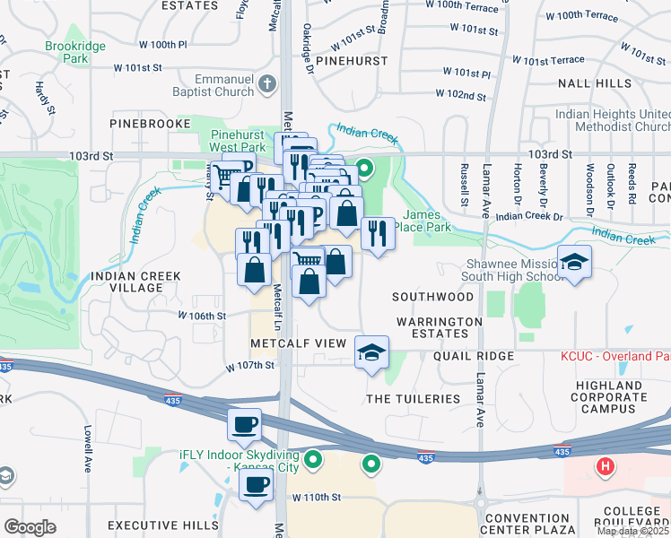 map of restaurants, bars, coffee shops, grocery stores, and more near 6860 W 105th St in Overland Park
