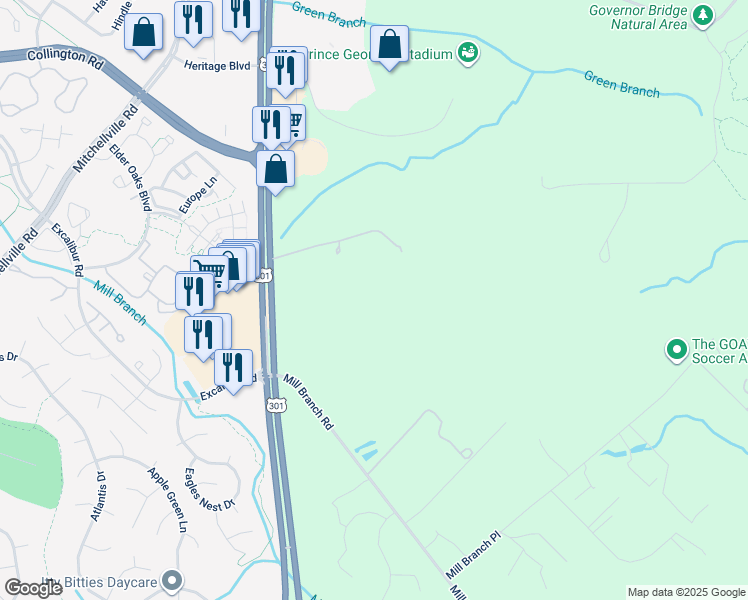 map of restaurants, bars, coffee shops, grocery stores, and more near in Bowie