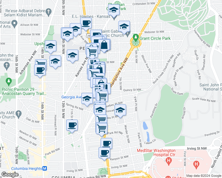 map of restaurants, bars, coffee shops, grocery stores, and more near 3801 New Hampshire Avenue Northwest in Washington