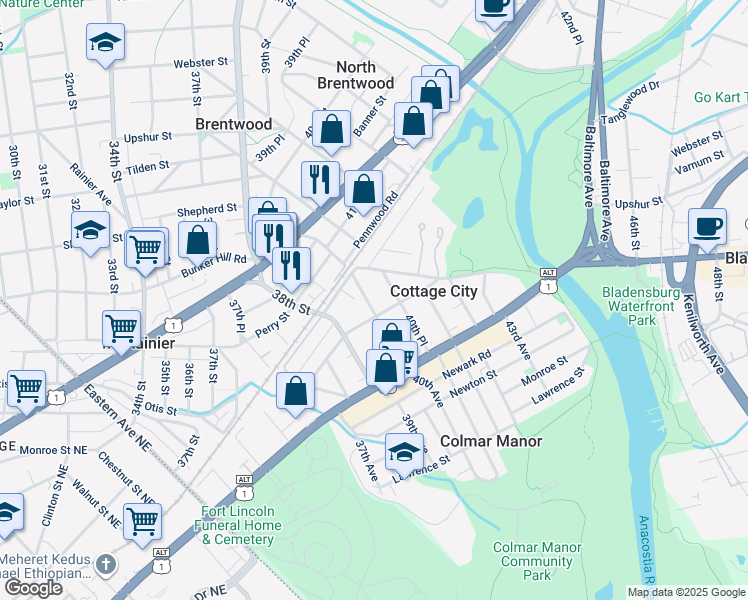 map of restaurants, bars, coffee shops, grocery stores, and more near 3803 40th Avenue in Brentwood