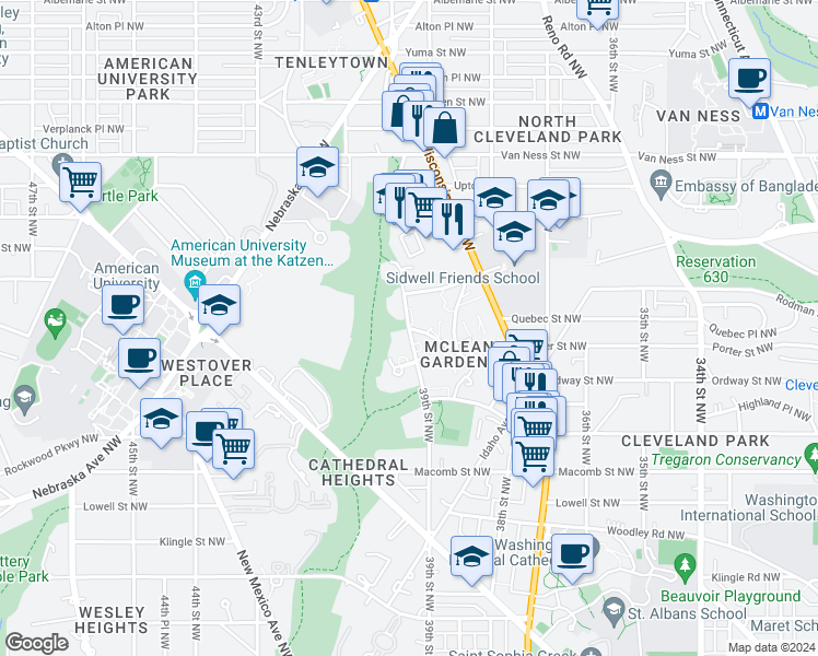 map of restaurants, bars, coffee shops, grocery stores, and more near 39th Street Northwest & Porter Street Northwest in Washington