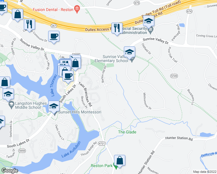 map of restaurants, bars, coffee shops, grocery stores, and more near 10967 Harpers Square Court in Reston