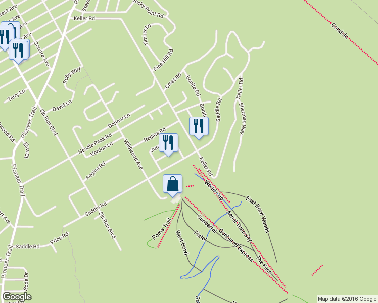 map of restaurants, bars, coffee shops, grocery stores, and more near 1374 June Way in South Lake Tahoe