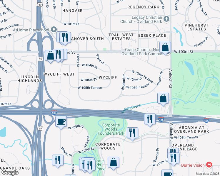 map of restaurants, bars, coffee shops, grocery stores, and more near 10415 Grant Lane in Overland Park