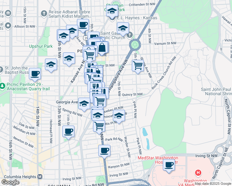 map of restaurants, bars, coffee shops, grocery stores, and more near 709 Quincy Street Northwest in Washington