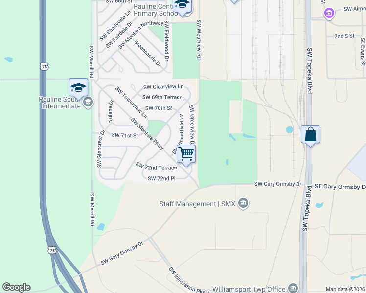 map of restaurants, bars, coffee shops, grocery stores, and more near 7101 Southwest Wheatfield Lane in Topeka