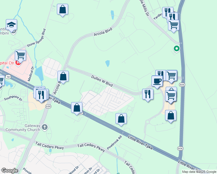 map of restaurants, bars, coffee shops, grocery stores, and more near 24558 Hutchinson Farm Drive in Sterling