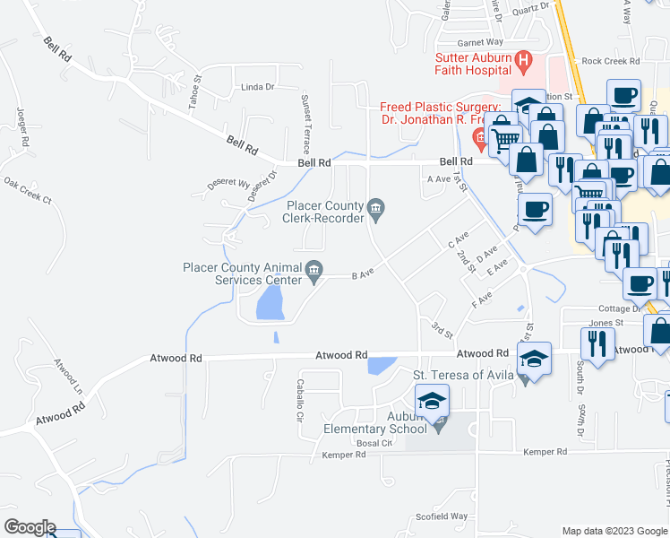 map of restaurants, bars, coffee shops, grocery stores, and more near 11251 B Avenue in Auburn