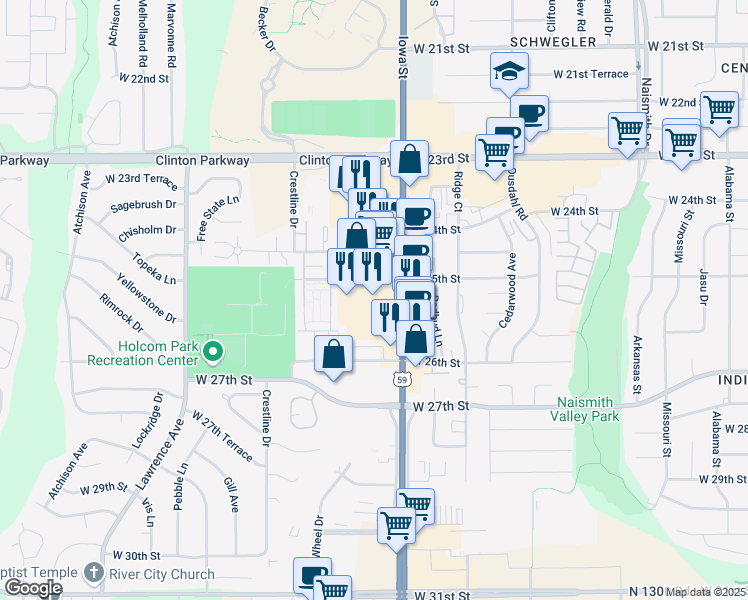 map of restaurants, bars, coffee shops, grocery stores, and more near 2525 Iowa Street in Lawrence