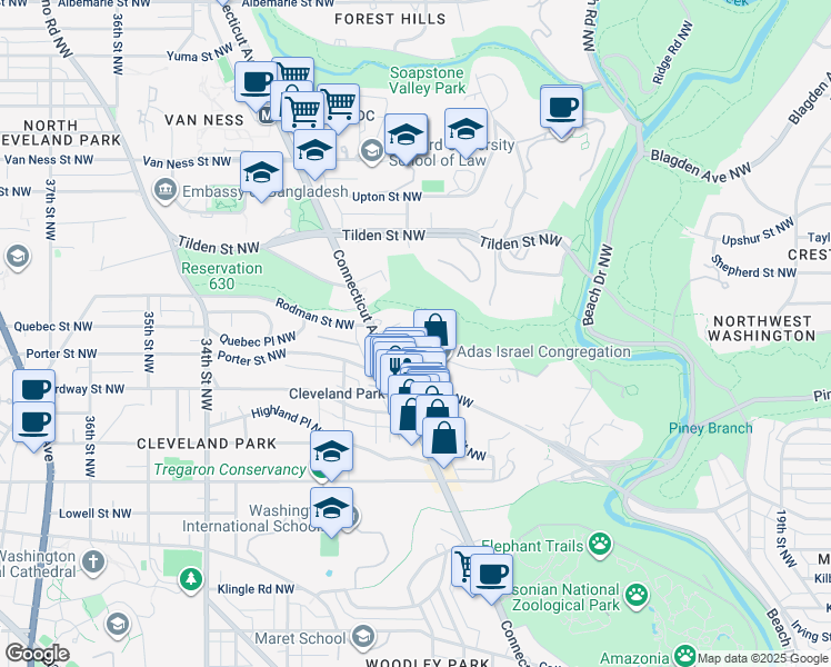 map of restaurants, bars, coffee shops, grocery stores, and more near 3601 Connecticut Avenue Northwest in Washington