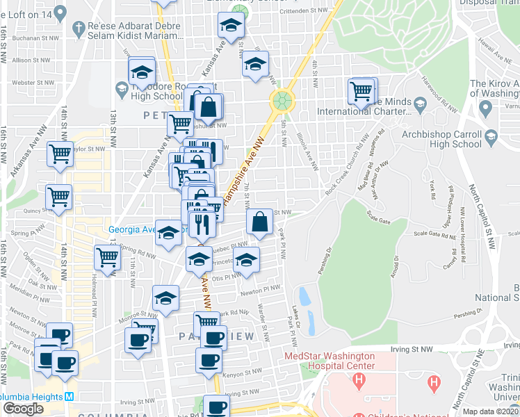 map of restaurants, bars, coffee shops, grocery stores, and more near 611 Quincy Street Northwest in Washington