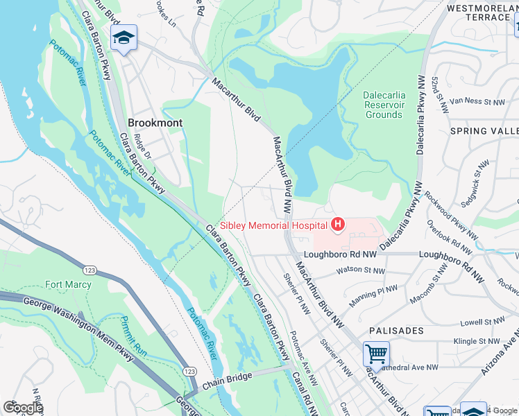 map of restaurants, bars, coffee shops, grocery stores, and more near 5900 MacArthur Boulevard Northwest in Washington