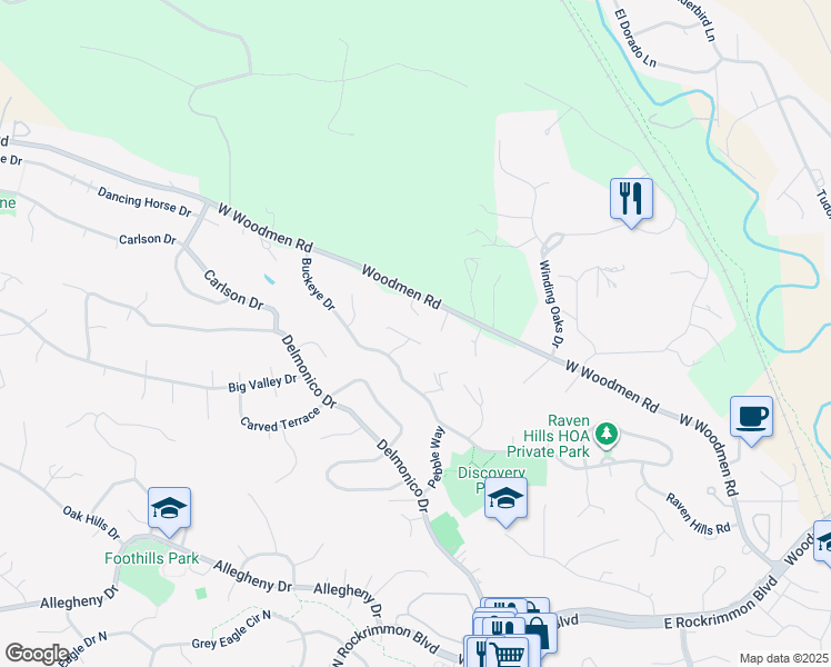 map of restaurants, bars, coffee shops, grocery stores, and more near 7355 Buckeye Court in Colorado Springs