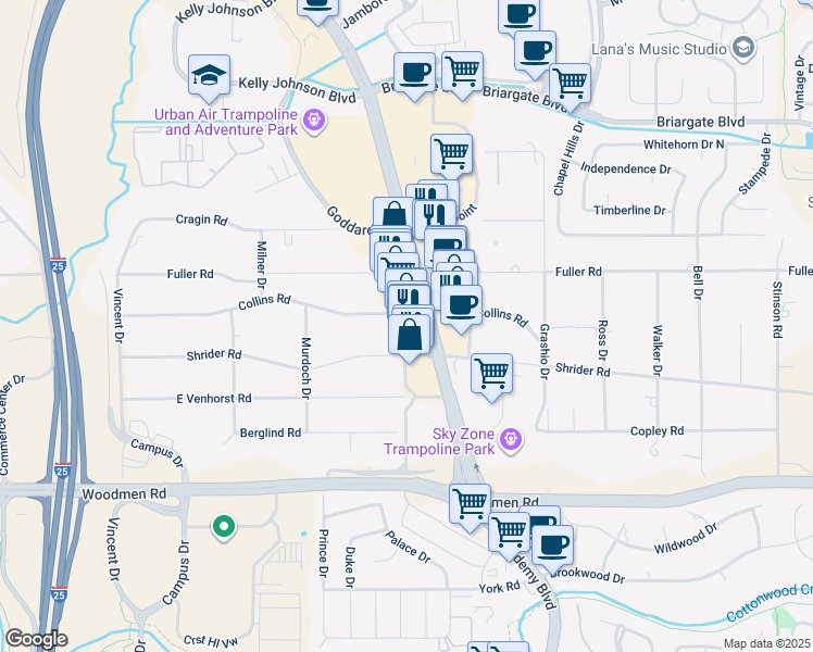 map of restaurants, bars, coffee shops, grocery stores, and more near 7252 Academy Boulevard North in Colorado Springs