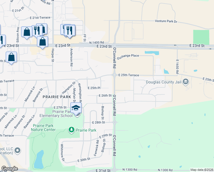 map of restaurants, bars, coffee shops, grocery stores, and more near 2113 E 25th Ct in Lawrence