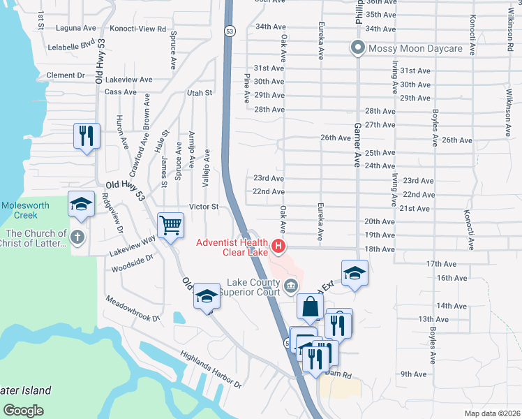 map of restaurants, bars, coffee shops, grocery stores, and more near 15571 21st Avenue in Clearlake