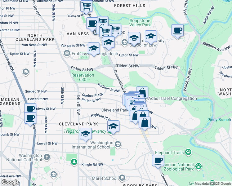 map of restaurants, bars, coffee shops, grocery stores, and more near 3022 Rodman Street Northwest in Washington