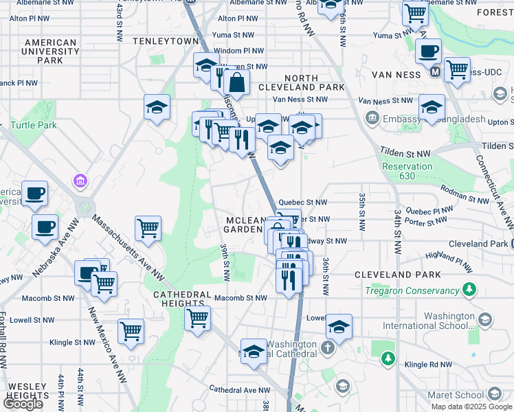 map of restaurants, bars, coffee shops, grocery stores, and more near 3802 Rodman Street Northwest in Washington