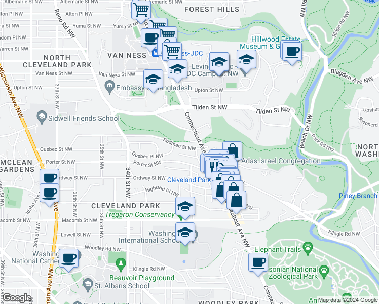map of restaurants, bars, coffee shops, grocery stores, and more near 3022 Rodman Street Northwest in Washington
